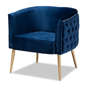 Baxton Studio Marcelle Glam and Luxe Navy Blue Velvet Fabric Upholstered Brushed Gold Finished Accent Chair